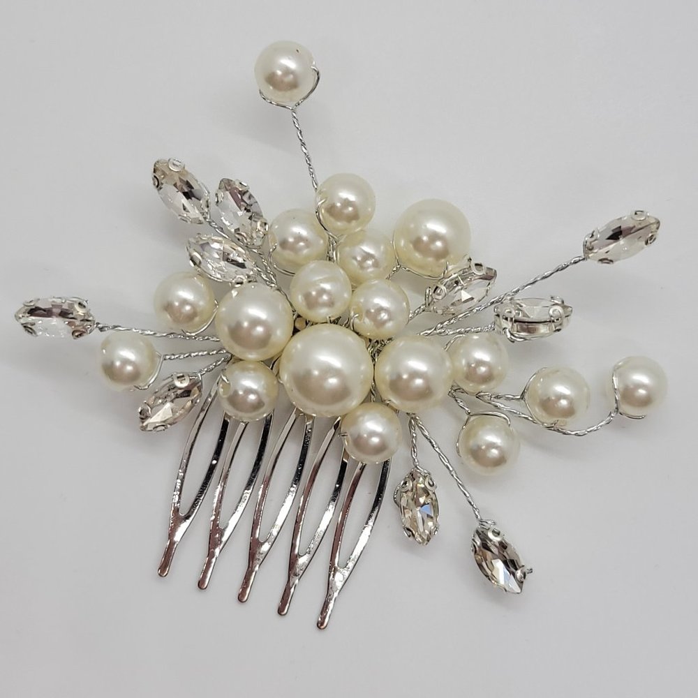 Silver Hair Comb Pearls & Crystals